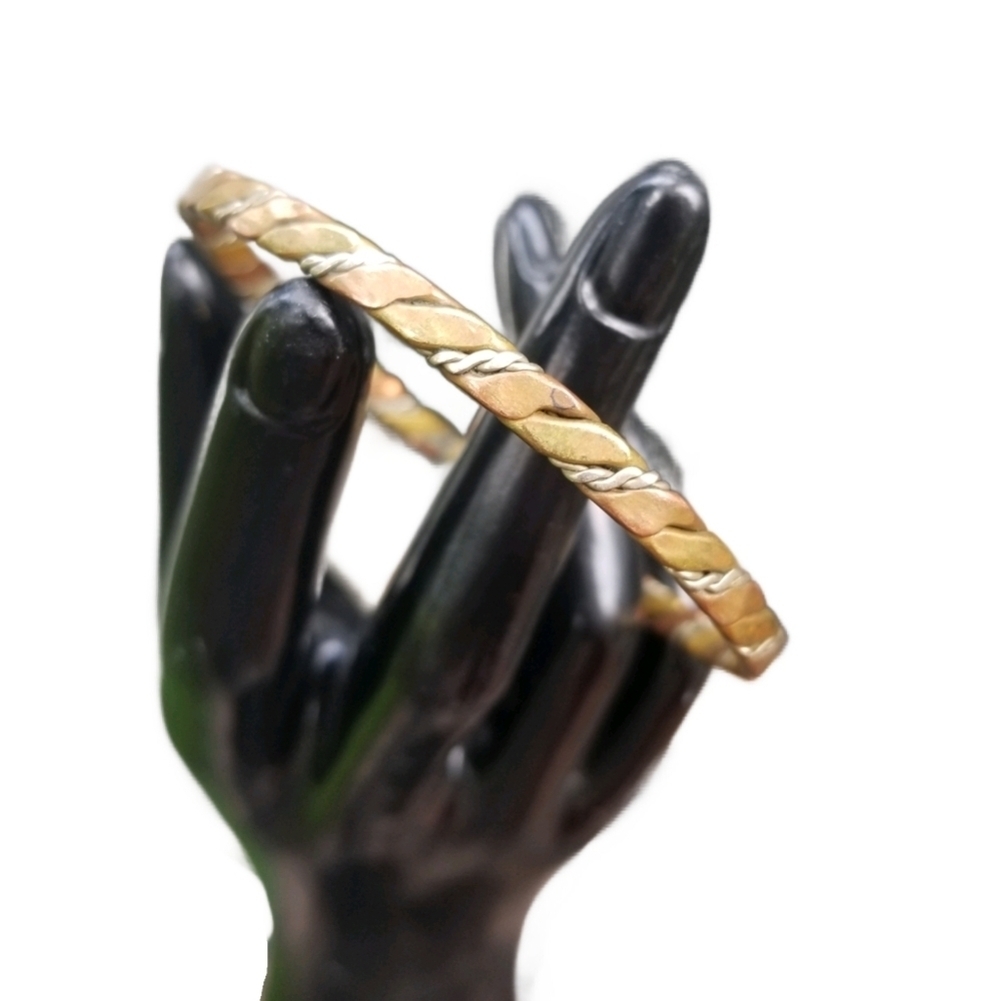VINTAGE BRASS, COPPER & STERLING SILVER TWIST BANGLE BRACELET